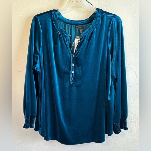 NWT Intro Teal Blue/Green Velour Holiday Career Peasant Boho Blouse Top Sz 2X - Picture 1 of 12